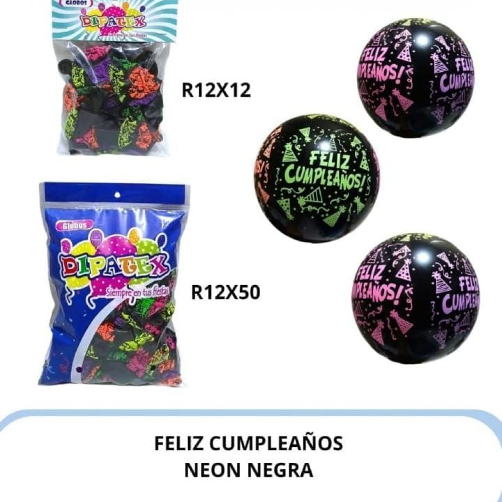 GLOBO FELIZ CUMPLEAÑOS NEGRO NEON INFINITY DIPATEX R12 X12 UNIDADES